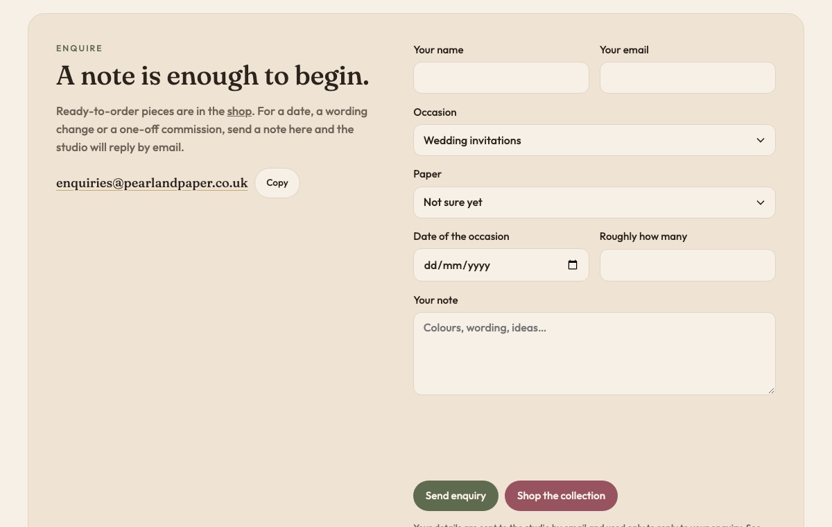 The Pearl & Paper enquiry form, with dropdowns for occasion, paper, date and guest numbers
