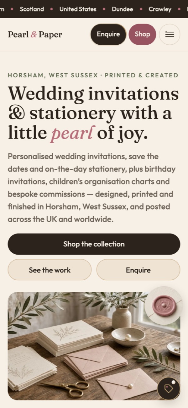 The Pearl & Paper website on a mobile phone