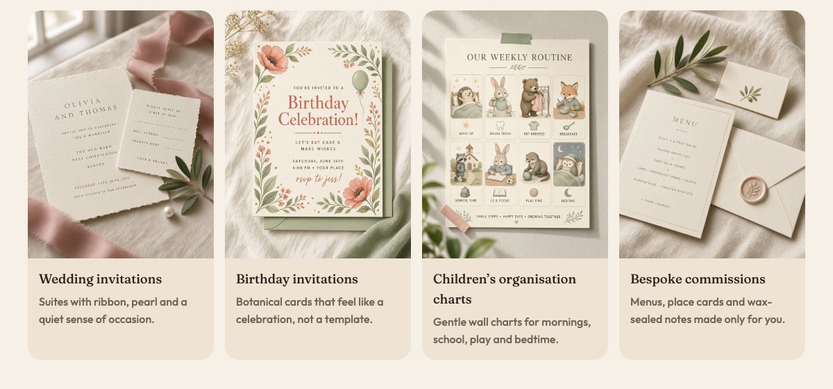 Pearl & Paper product categories: wedding invitations, birthday invitations, children's charts and bespoke commissions