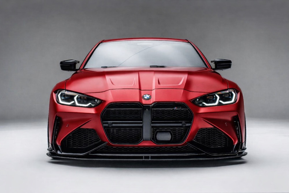 The same BMW M4 wrapped in satin red