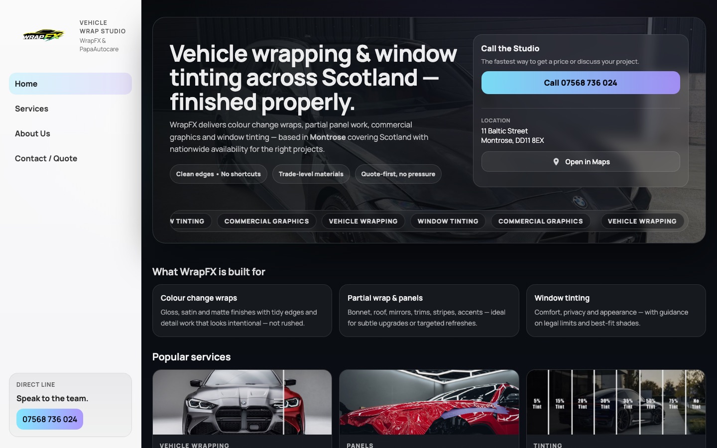 WrapFX homepage: "Vehicle wrapping & window tinting across Scotland, finished properly"