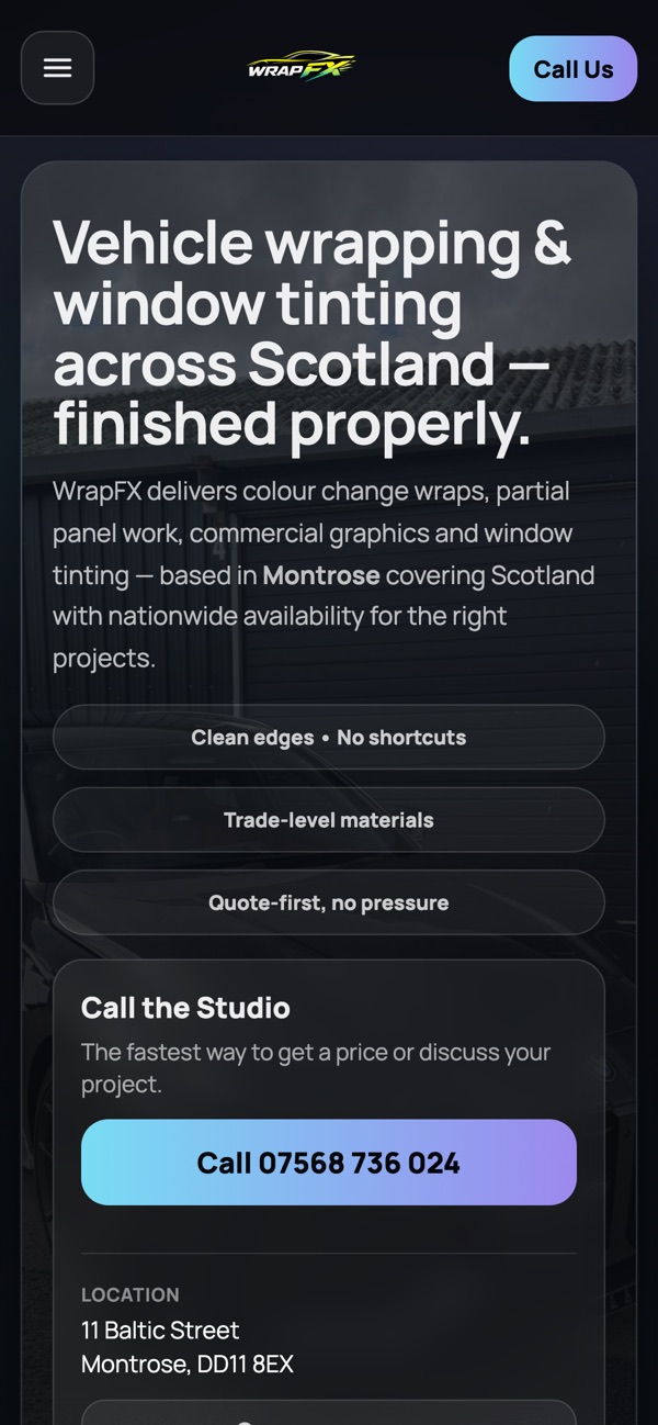 The WrapFX website on a phone, with a Call Us button in the header