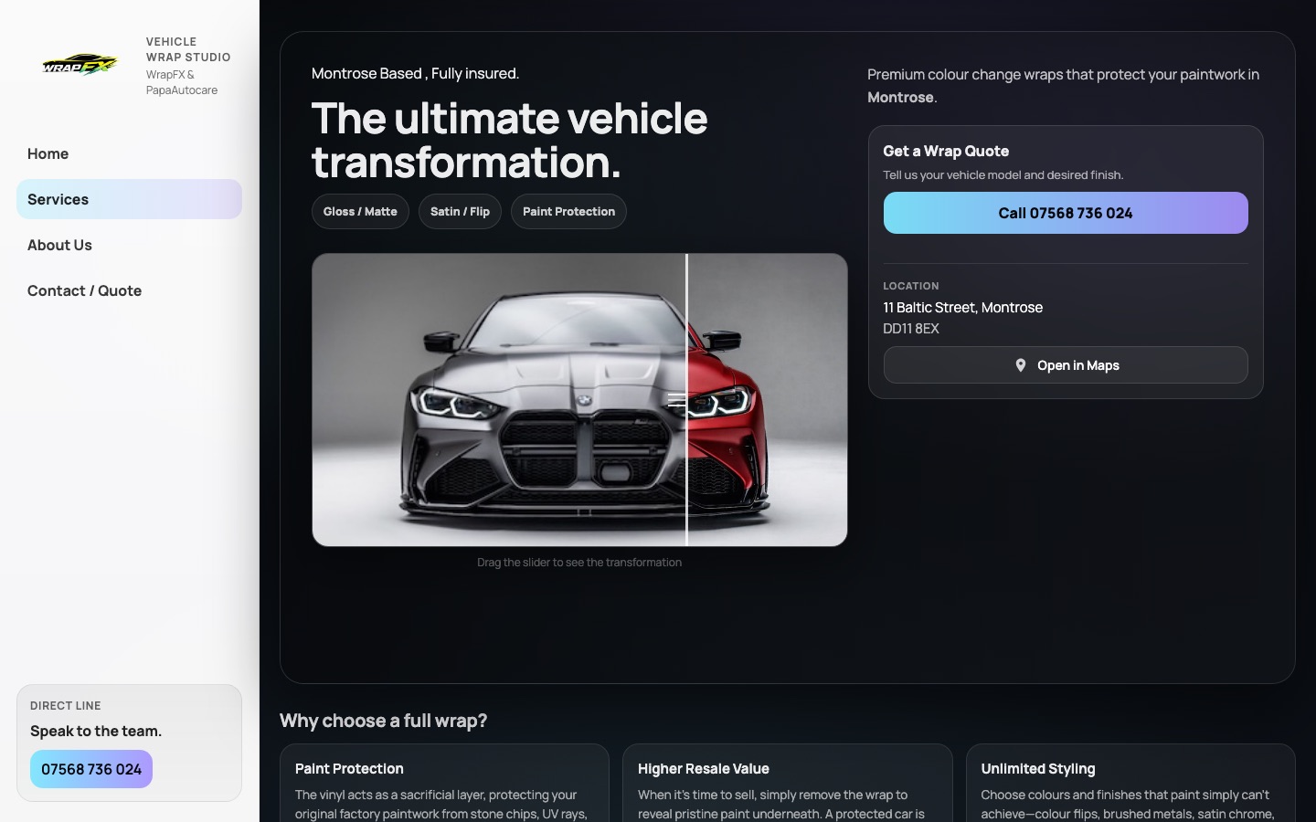 WrapFX full vehicle wraps page with the before and after slider and quote card